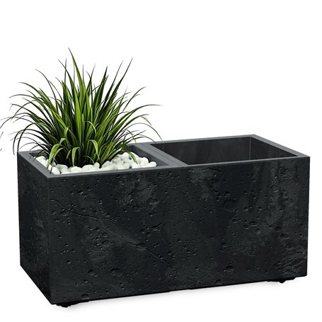 Spetebo Jardinière en plastique - Aspect béton - 2 compartiments sur roulettes - 59 x 29 cm - Bac à fleurs rectangulaire anthrac