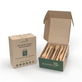 Ensemble de couverts en bambou 100% biodégradables & 30 cuillères + 60 couteaux + 60 fourchettes. Alternative écologique aux cou