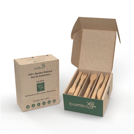 Ensemble de couverts en bambou 100% biodégradables & 30 cuillères + 60 couteaux + 60 fourchettes. Alternative écologique aux cou