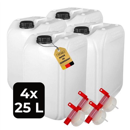 ABACUS® Lot de 4 bidons d'eau de 25 litres naturels - Avec robinet d'écoulement et couvercle (DIN 61) - Convient à un usage alim