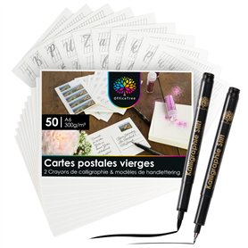 OfficeTree 50 x Carte Postale Vierge A6 - Carte Blanche Cartonnée avec 2 Stylos de Calligraphie et 12 Modèles ABC pour S'exercer