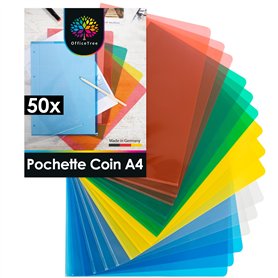 OfficeTree 50x Pochette Plastique A4 Couleur - Pochette Coin Plastique - Chemise Plastique A4 - Pochette Coin - Porte Document