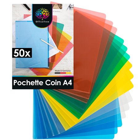 OfficeTree 50x Pochette Plastique A4 Couleur - Pochette Coin Plastique - Chemise Plastique A4 - Pochette Coin - Porte Document