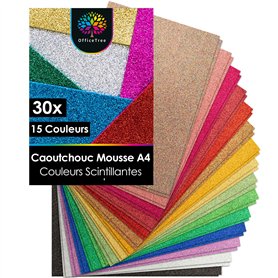 OfficeTree 30 Feuille Mousse Pailletée A4-15 Couleurs Mousse EVA 2mm - Caoutchouc Mousse Scintillant - Feuille Mousse Loisir Cre