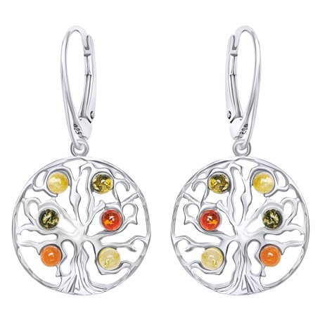 ANDANTE Premium Collection – Boucles d'oreilles en ambre véritable de la mer Baltique en argent sterling 925 ** Arbre de vie **