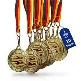 Lot de 10 médailles de natation en métal - Doré - À accrocher pour les cérémonies de remise des victoires - Avec ruban allemand