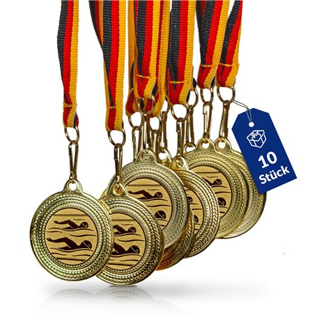 Lot de 10 médailles de natation en métal - Doré - À accrocher pour les cérémonies de remise des victoires - Avec ruban allemand