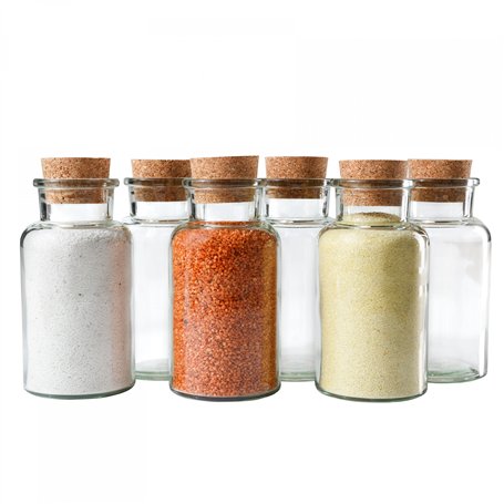 Mambocat Lot de 6 pots à épices - Contenance 300 ml - Pots en verre réutilisables avec bouchon en liège - Verre rond de haute qu