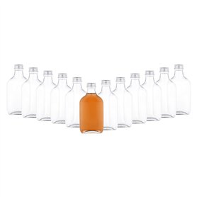 MamboCat Lot de 12 bouteilles de poche de 200 ml I Flasque en verre avec bouchon à vis argenté I Bouteilles à liqueur à remplir