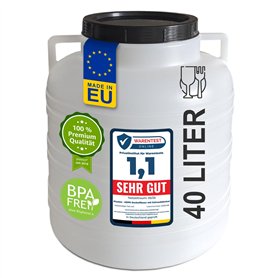 Plasteo® Tonneau à Col Large 40 Litres - Naturel - Usage Alimentaire Sans BPA - Avec Couvercle et Anses Ronds - Stockage Univers