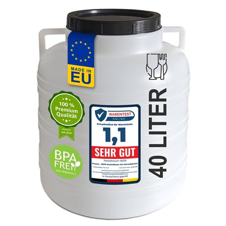 Plasteo® Tonneau à Col Large 40 Litres - Naturel - Usage Alimentaire Sans BPA - Avec Couvercle et Anses Ronds - Stockage Univers