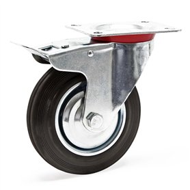 Wiltec Roulette pivotante Blocage double – Ø 200 mm – Capacité 150 kg – en Caoutchouc – Roue avec Frein et Plaque de montage – T