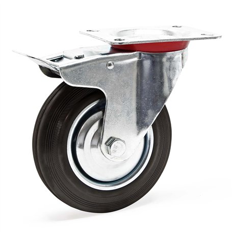 Wiltec Roulette pivotante Blocage double – Ø 200 mm – Capacité 150 kg – en Caoutchouc – Roue avec Frein et Plaque de montage – T