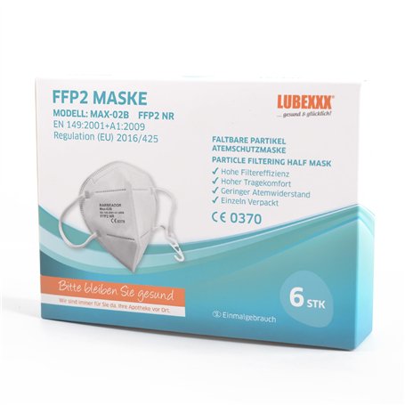 LUBEXXX FFP2 Lot de 6 masques respiratoires anti-poussière emballés individuellement hygiéniques certifiés CE Stella EU 2016/425