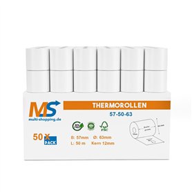 Lot de 50 rouleaux de papier peint pour caisse enregistreuse thermique 57 mm x 50 m x 12 mm Sans bisphénol A pour toutes les imp
