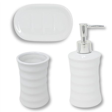 damaloo Ensemble de 3 accessoires de salle de bain en céramique - Blanc - Avec distributeur de savon