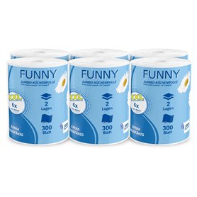 Funny Jumbo Lot de 6 rouleaux d'essuie-tout XXL - 2 couches - 100% cellulose absorbante - 300 feuilles/rouleau - Avec poignée de