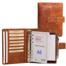 ALMADIH Agenda en cuir vrai A6 avec calendrier 2025 + bloc-notes - marron deluxe Portefolio Porte documents Timer Chemise de dos