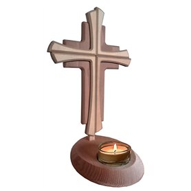 Kaltner Präsente Idée cadeau – Croix crucifix en bois de hêtre véritable avec bougie chauffe-plat 25 cm moderne