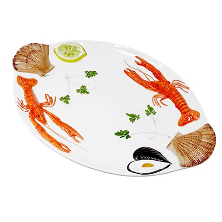 Lashuma Plat de Service Ovale Fait Main en céramique Italienne au Design Fruits de mer - Grande Assiette de Service - 50 x 32 cm