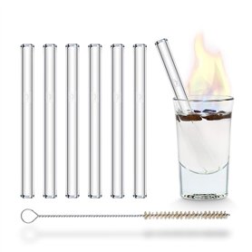 HALM Pailles en Verre Réutilisables - 6 Pièces Courtes Droites 10 cm + Brosse de Nettoyage sans Plastique - Résistantes au Lave-