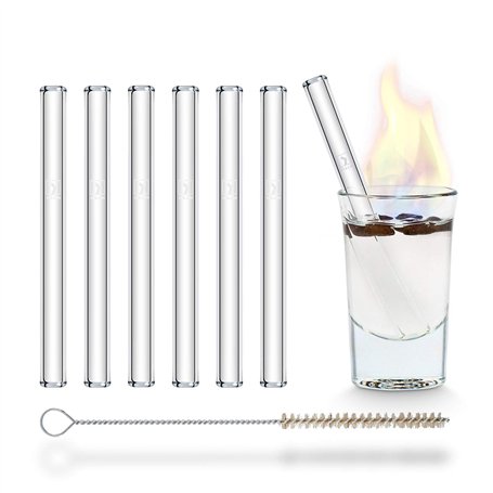 HALM Pailles en Verre Réutilisables - 6 Pièces Courtes Droites 10 cm + Brosse de Nettoyage sans Plastique - Résistantes au Lave-