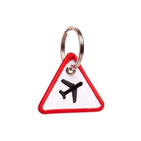 Wingdesign | Porte-clés | Attention avion (aspect panneau de signalisation) | Silhouette d'avion brodée | Couleur : blanc - roug
