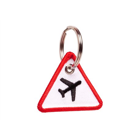 Wingdesign | Porte-clés | Attention avion (aspect panneau de signalisation) | Silhouette d'avion brodée | Couleur : blanc - roug