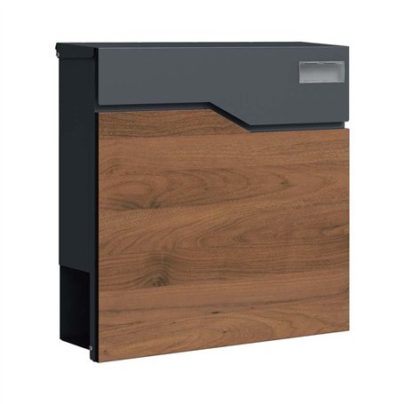 SCHARTEC® SPB-7 Boîte aux lettres murale en bois foncé et anthracite avec compartiment à journaux moderne et grande