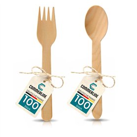 Lot de 100 fourchettes en bois et 100 cuillères en bois - Vaisselle jetable en bois - Fourchette jetable - Couverts en bois (100