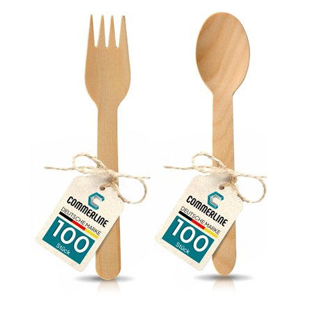 Lot de 100 fourchettes en bois et 100 cuillères en bois - Vaisselle jetable en bois - Fourchette jetable - Couverts en bois (100