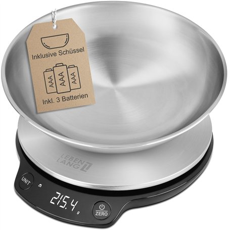 LEBENLANG Balance de cuisine numérique avec bol - Jusqu'à 5 kg - Idéale pour la cuisson - Balance de cuisine numérique - Balance