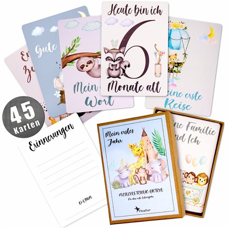 Pikaflor Lot de 45 cartes jalons pour bébé garçon (animaux peints à la main en allemand) avec boîte cadeau + beau cadeau pour na
