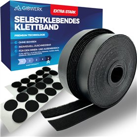 GIBWERK® Bande Velcro autocollante | Extra forte | 5 m x 20 mm + 10 pastilles Velcro autocollantes | Velcro autocollant | Bande