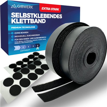 GIBWERK® Bande Velcro autocollante | Extra forte | 5 m x 20 mm + 10 pastilles Velcro autocollantes | Velcro autocollant | Bande