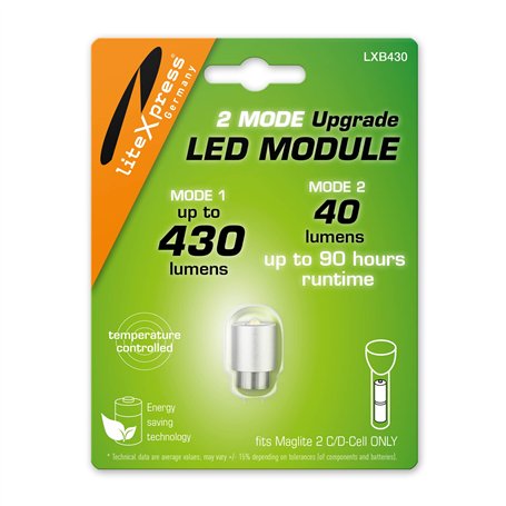 LiteXpress LXB430 Module de mise à niveau LED 2 modes 430 ou 40 lumens uniquement pour lampes torches Maglite 2 C/D