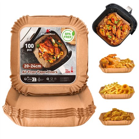 KitchenBoss Papier Cuisson Air Fryer 100 Pièces: Papier Sulfurisé pour Airfryer Carré 20 x 24 cm