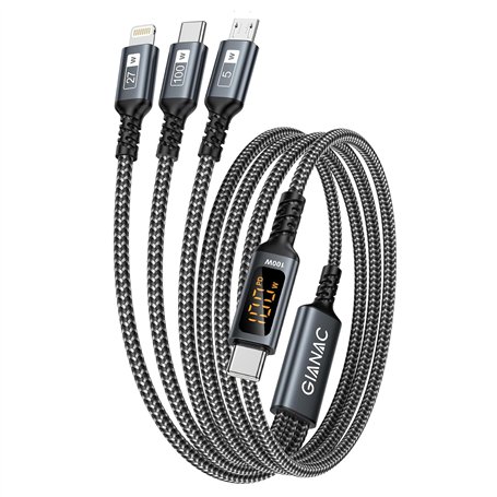 100W Câble USB C vers Câble Multi USB [2M] 3 en1 USB Câble vec écran LED Charge Rapide Chargeur USB avec Micro USB Type C Lightn