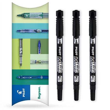 Pilot Lot de 3 marqueurs permanents 2 en 1 à double pointe fine et extra fine - Gamme Begreen 76 % recyclé (noir