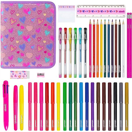 Abeec Coffret de 44 Crayons Pailletés - Ensemble de Papeterie pour Filles comprenant : Trousse à Crayons