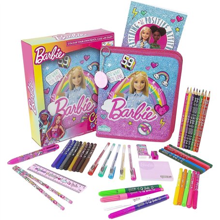 Barbie Trousse à Crayons | Fournitures Scolaires | Ensemble de Papeterie avec Trousse à Crayons à colorier et Agenda | Accessoir