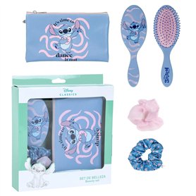 Disney Stitch Ensemble d'accessoires de beauté pour fille avec brosse à cheveux + trousse de maquillage + 2 chouchous Stitch Cof