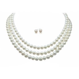 trois brins elena perle d'un blanc naturel collier de culture d'eau douce 7-8mm avec fermoir coulissant