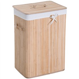 HOMCOM Panier à linge corbeille à linge bac à linge bambou pliable couvercle sac amovible 3 poignées PU 40L x 30l x 60H cm beige