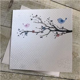 White Cotton Cards Petite Carte Vierge « Birds in Tree » Faite à la Main