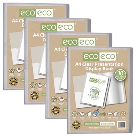 eco-eco Lot de 4 porte-vues transparents à 10 pochettes Format A4 50% recyclé avec pochettes en plastique Eco125 x 4