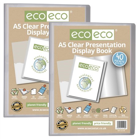 eco-eco Lot de 2 porte-vues transparents avec pochettes en plastique Format A5 50% recyclé 40 pochettes