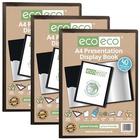 eco-eco Lot de 3 porte-vues A4 50% recyclé 40 pochettes noires avec pochettes en plastique