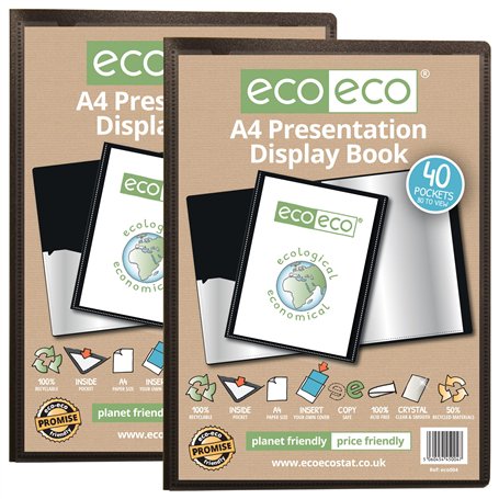 eco-eco Lot de 2 porte-vues A4 50% recyclé 40 pochettes noires avec pochettes en plastique