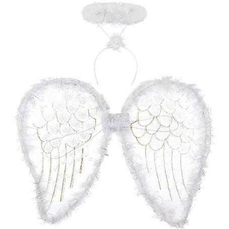 Ailes de fee et bandeau 2 pièces - Ailes d'ange blanche avec paillettes et serre tete ange halo doré - Jeu de la nativité - Dégu